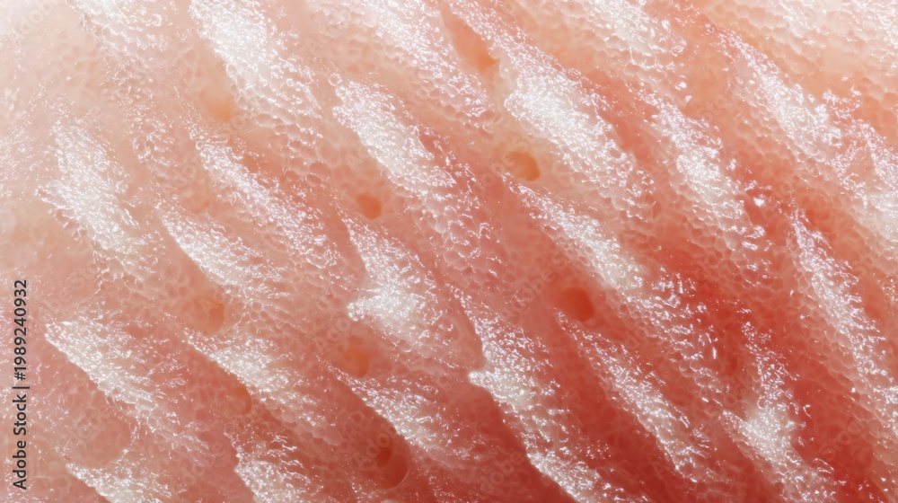 Fototapeta premium Macro texture of lychee flesh, translucent juicy surface, subtle fibrous structure, soft white tones, evenly lit, high detail, fresh exotic fruit