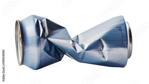 Konstfotografi Crushed metallic blue aluminum soda can, a crumpled beverage container isolated