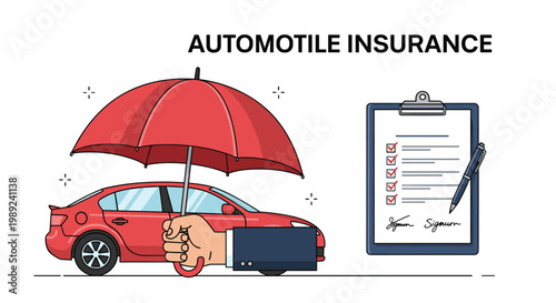 Car insurance protection concept with a red umbrella held over a vehicle and an agent signing a policy document on a blue background.