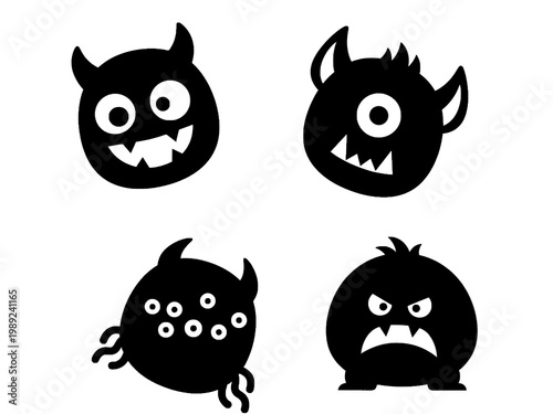 Set of four cute monster silhouette characters on white background