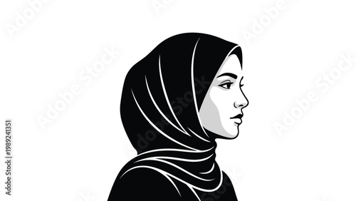 Minimalist black and white profile portrait of woman in hijab, elegant cultural attire vector illustration with clean lines