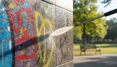 High-pressure water spray for graffiti removal in park setting on a stone wall for an urban maintenance and restoration concept under bright summer sunlight