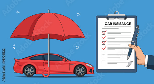 Comprehensive car insurance policy illustrated with a red vehicle under an umbrella and a hand completing a checklist on a blue background.
