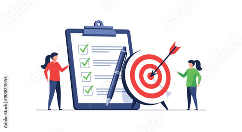 Business planning session with two professionals standing by a large clipboard checklist and target board for successful goal achievement.