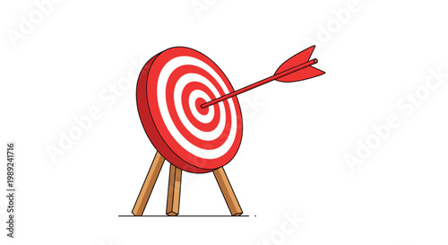 Archery target board with a red center and a single arrow in the bullseye symbolizes precision, success, and reaching business objectives.