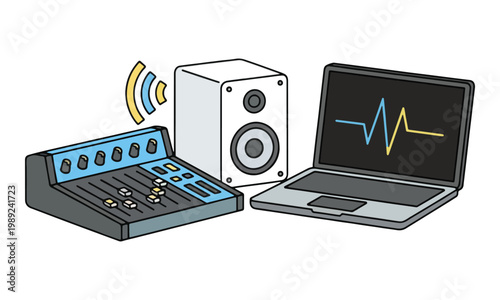Audio Production Equipment with Mixer Laptop and Studio Monitor