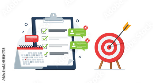 Task management concept with a clipboard checklist, monthly calendar, and target board for organized and productive business operations.