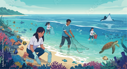 Ocean plastic cleanup vector illustration, volunteers cleaning sea beach and coral reef, marine conservation and environmental protection concept