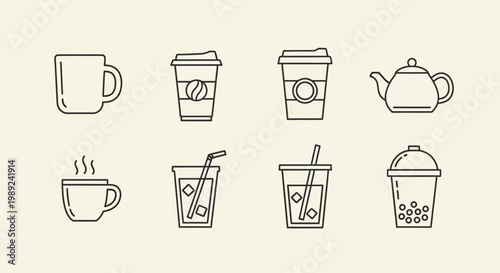 A collection of minimalist line art icons depicting various hot and cold beverages, including coffee, tea, iced drinks, and bubble tea, on a light background.