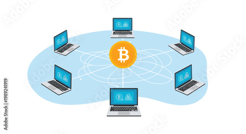 Blockchain technology concept illustrates decentralized cryptocurrency network with bitcoin coin and connected laptop computers.