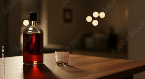 A dimly lit still life featuring a dark liquor bottle and a small glass on a wooden surface evoking a sense of quiet contemplation