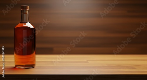 Elegant bottle of amber liquid on wooden surface warm lighting sophisticated beverage presentation