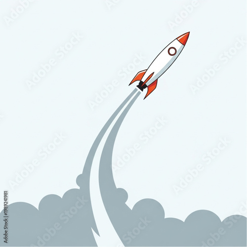 White Rocket Ship Launching into Space.