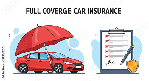 Full coverage car insurance concept illustration with a large red umbrella shielding a red sedan next to a policy document and shield.