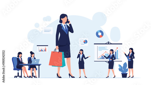Large professional businesswoman holding shopping bags standing among smaller colleagues performing various office tasks and business presentations.