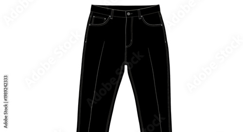 Black denim jeans technical drawing, front view of classic fivepocket trousers with stitching details, vector illustration