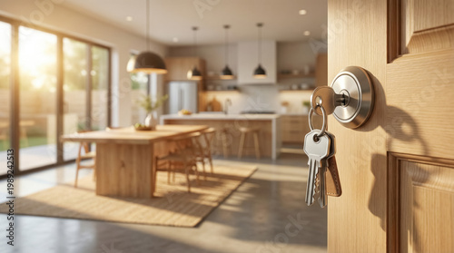 House keys in open door lock with modern kitchen interior, new home ownership and real estate concept. 