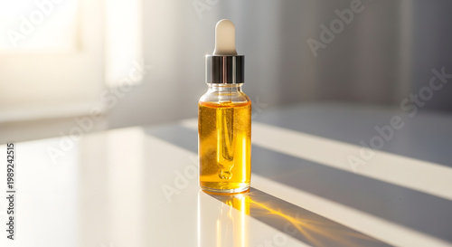 Natural cosmetic serum in a glass dropper bottle on a white surface with warm sunlight and shadows