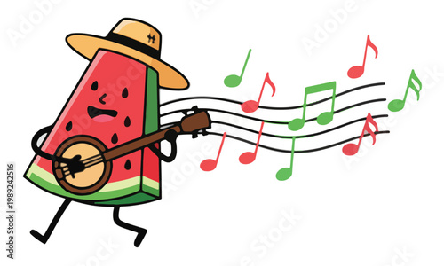 Cartoon watermelon mascot playing banjo with musical notes