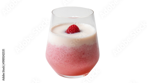 Delicious two-layered strawberry smoothie in a clear glass, topped with a fresh red berry, isolated PNG on transparent background, refreshing summer drink