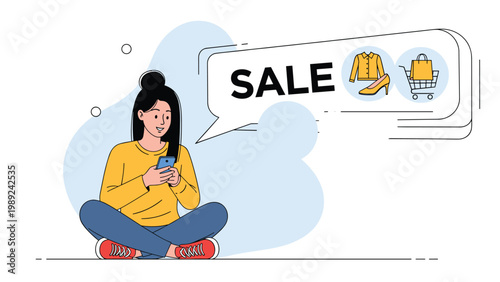 Woman sitting on the floor using her smartphone to browse a clothing sale with icons of jackets, shoes, and a shopping cart in a speech bubble.