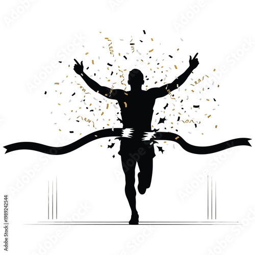 Silhouette of a runner breaking a finish line tape with confetti falling