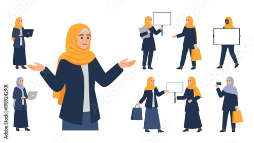 Diverse collection of professional Muslim businesswomen in various poses, from using laptops to holding signs for marketing.