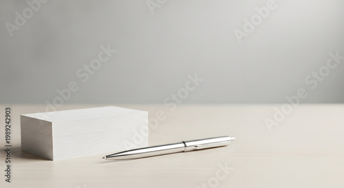 Blank business card stack mockup with a silver pen on a wooden desk for corporate branding presentation