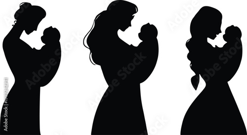 Collection of minimalist black silhouettes featuring mothers tenderly holding and cradling their newborn babies, illustrating maternal love, family bonding, and peaceful early parenthood moments