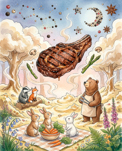 Whimsical watercolor illustration of forest animals having picnic with giant grilled steak in magical landscape for children books, fairytale prints and creative culinary art
