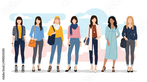 Diverse group of fashionable women standing together wearing a variety of contemporary stylish outfits and accessories.