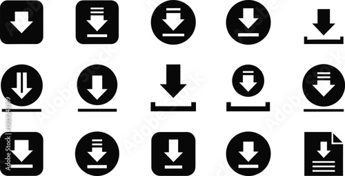 Collection of black and white download icons representing data transfer and file acquisition