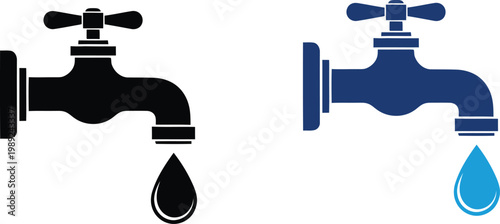 Two water taps with dripping water a black and blue illustration of plumbing fixtures