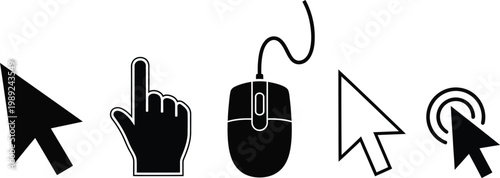 Collection of black and white computer mouse cursor icons in various shapes and styles