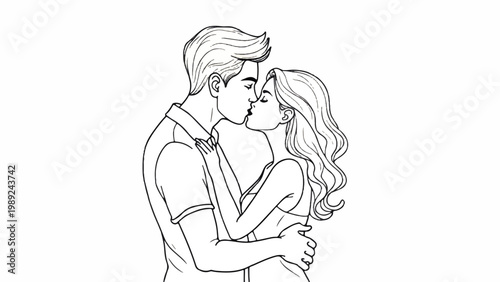 Romantic couple illustration, loving embrace, tender moment, vector line art