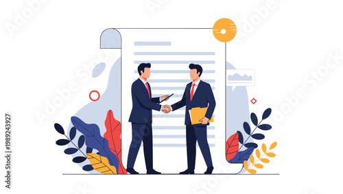 Business partners shaking hands to seal a deal in front of a large legal contract document with plants and charts.