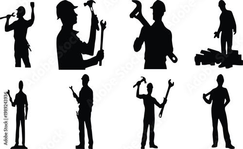 Construction worker silhouettes with tools set isolated on white background, professional builder collection, hammer wrench drill equipment, industrial labor concept for engineering 