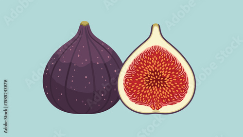 Ripe purple figs shown as whole fruit and cross section revealing red interior with seeds on blue background.