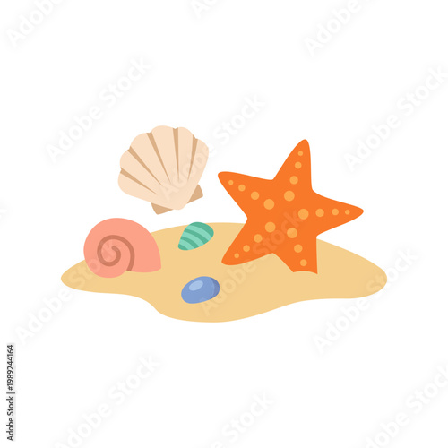 Starfish and seashells on sand beach illustration