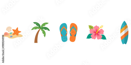 Flat Design Summer Beach Holiday Vacation Travel Icon Collection Set