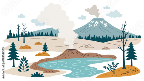 A vector graphic illustration of a serene volcanic landscape with a lake silhouette