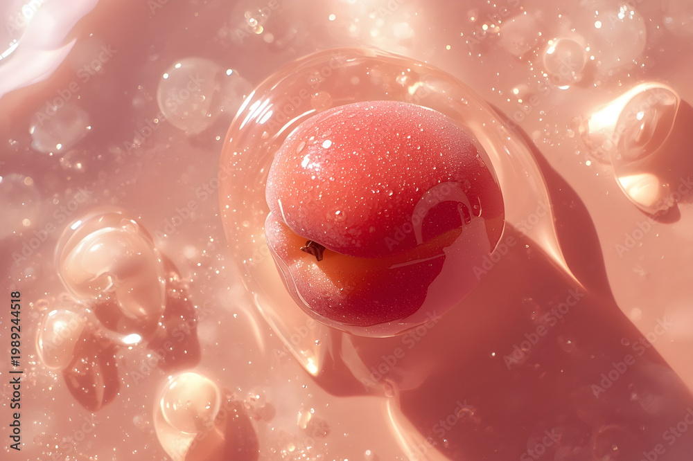 Fototapeta premium Fresh Apricot Fruit Submerged in Luxurious Pink Skincare Serum or Cosmetic Gel Texture with Bubbles