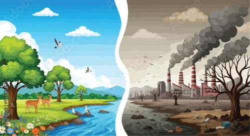 Environmental pollution comparison vector, clean green nature versus industrial factory smog, global warming and climate change concept illustration