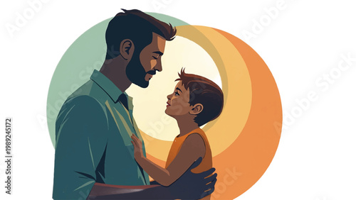 Vector illustration of father and son, happy family, loving relationship, warm colors