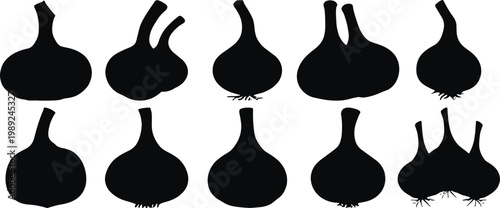 Garlic bulb silhouettes set isolated on white background, black vegetable shapes collection, fresh organic cooking ingredient concept, minimal food illustration for culinary and kitchen design