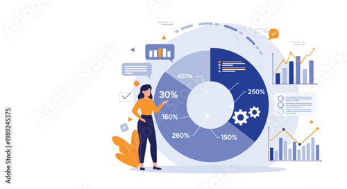 Professional woman presenting financial data on a large circular dashboard with various percentages and performance graphs.