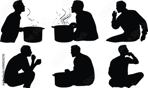 Set of black silhouettes featuring a man cooking, smelling steaming food from a pot, tasting a meal, and sitting while enjoying his delicious homemade cooking