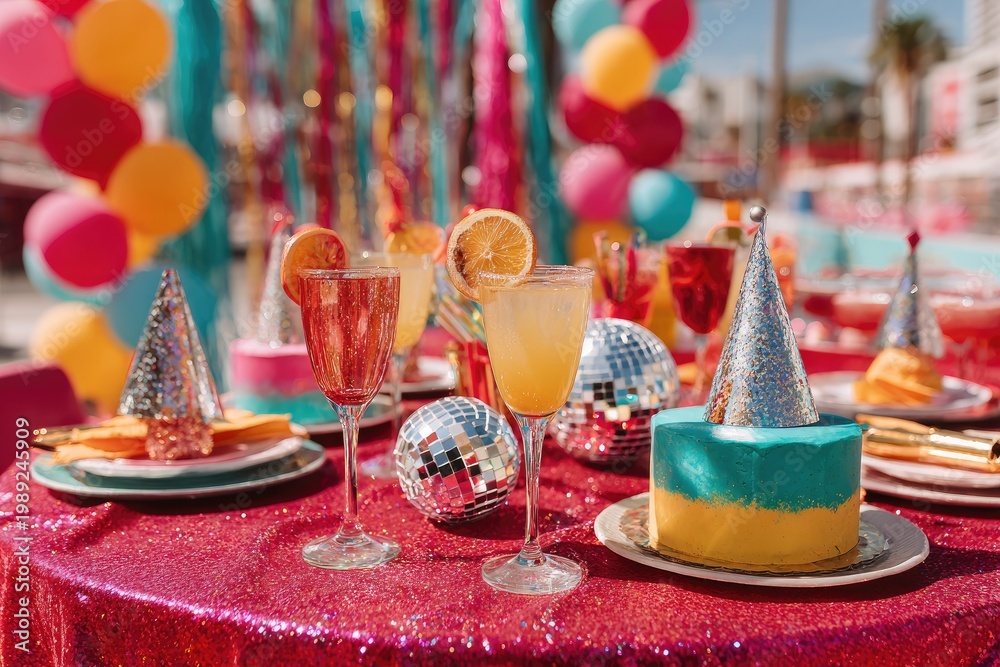 Fototapeta premium Colorful Outdoor Birthday Party with Drinks, Cake, and Vibrant Decorations