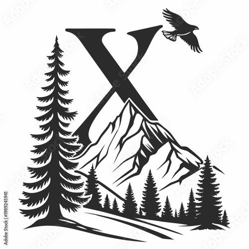 Silhouette of mountain peak with flying raven in forest landscape at dusk