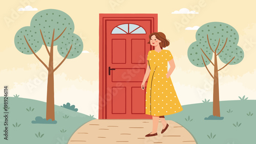 A woman in a yellow dress stands in front of a red door with trees on either side